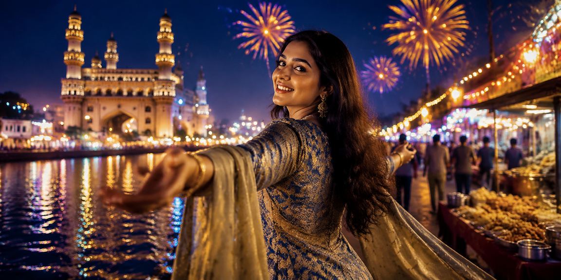 Evening view of Hyderabad's iconic Charminar with festive lighting