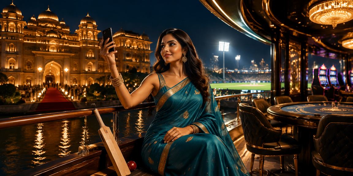 Indian woman enjoying cricket betting on mobile app in saree